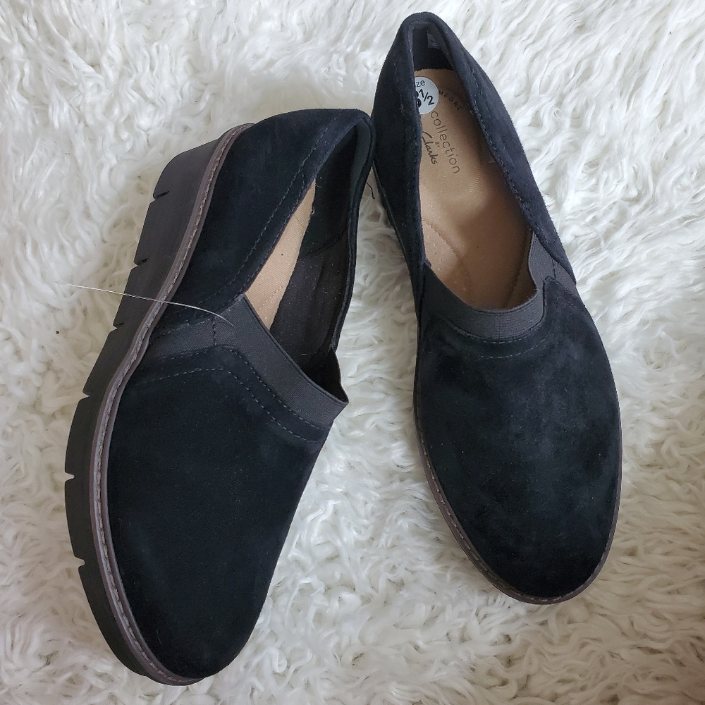 Clarks Airabell Mid Black Suede Women's Wedge Loafers - Size 8.5